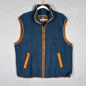 Toad & Co Campo Fleece Vest Mens Teal Brown Trim‎ Pockets GORP Hiking Trail Zip